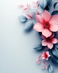 Poster - Gentle floral artwork with pink blossoms and blue leaves on a soft background for design projects
