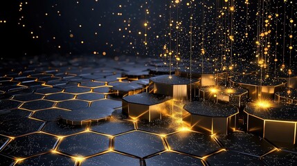 Poster - A digital hexagonal pattern with dynamic lighting effects, symbolizing innovation and AI.