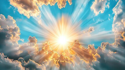 Wall Mural - a dreamy sky view with scattered clouds and warm sunbeams illuminating the atmosphere.