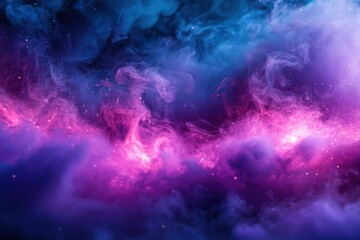 Poster - Ethereal nebula of swirling cosmic dust clouds in vibrant hues of pink and blue creating a dreamy celestial background with sparkling particles