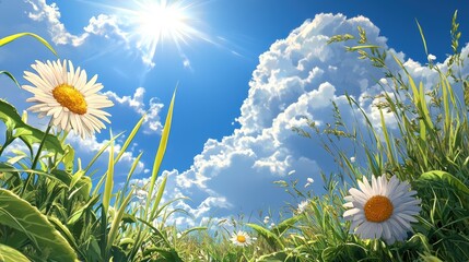 Wall Mural - a fresh springtime sky filled with puffy clouds and the golden glow of the midday sun.