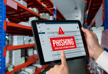 Poster - cyber security software show alert of cyber attack for protection snugly. danger from virus, phishin