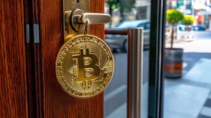 Poster - A gold Bitcoin coin hanging from a modern door lock, symbolizing digital currency in real estate.