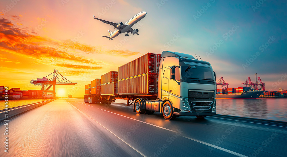 Global logistics and transportation concept, Cargo truck and airplane ...
