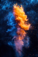 Poster - Dynamic explosion of vibrant orange and blue powder against a dark backdrop creating an abstract and artistic display of color and texture