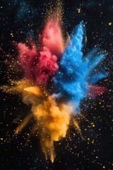 Poster - Vibrant explosion of colorful powder against a dark background creating a dynamic and artistic display of energy and motion