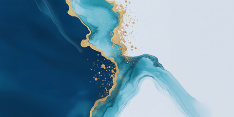 Poster - Abstract Fluid Art: An elegant display of fluid art featuring flowing strokes of blue and gold hues, creating a sophisticated and dynamic composition. 