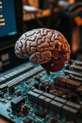 Poster - Artificial intelligence concept with brain on circuit board depicting neural network technology and machine learning for future innovation