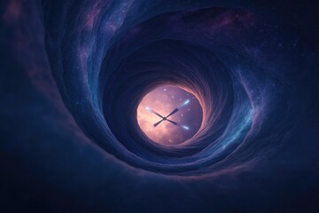 Poster - vibrant design of spiral clock face with glowing hands fading into cosmic swirl of abstract shapes