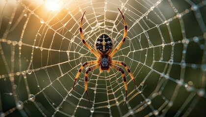 A close-up of a spider using morning dew to weave a complex web