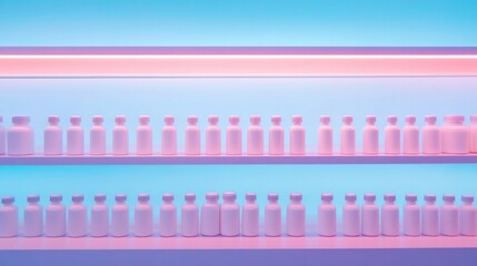 Poster - vibrant image of pharmaceutical shelves filled with neatly arranged medicine bottles under bright fluorescent lighting