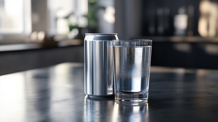Poster - Refreshing hydration a glass of sparkling water beside a sleek aluminum can on a modern kitchen counter clear and pure drink