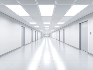 Poster - Bright white office hallway with elevators and tiled floor creating a sense of depth and perspective modern and clean architecture interior design
