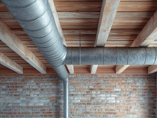 Poster - Industrial Interior with Metal Ductwork and Rustic Brick Wall Vintage Style Architecture and Wood Ceiling Beams for Ventilation System