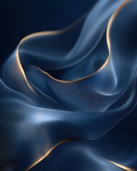 Poster - Elegant flowing blue fabric with golden trim abstract design capturing luxury and sophistication in a dark background with soft lighting