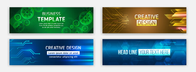 Leinwandbilder - High-tech horizontal banner template. Modern banner design with technology element. Data protection, internet communication, science, big data, cover design set. Sci-fi vector sample concept.
