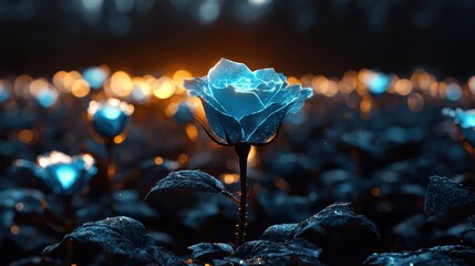 Poster - A blue rose is the main focus of the image, surrounded by other blue flowers