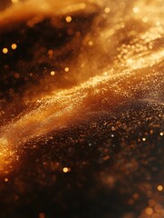 Poster - Ethereal golden dust particles floating in a dark space creating a magical and dreamy atmosphere with bokeh lights and soft focus for artistic effect