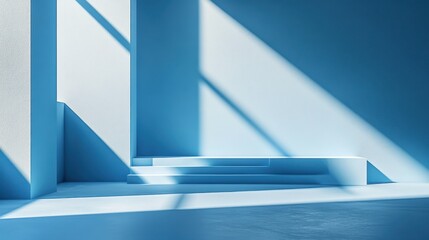 Poster - Serene Blue Interior with Geometric Forms and Sunlight Casting Shadows Creating a Minimalist and Modern Aesthetic for Product Showcase