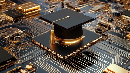 Poster - A mortarboard sitting on a futuristic circuit pattern, symbolizing tech-driven learning.