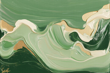 Poster - Abstract Green Fluid Art: An artistic depiction of flowing green hues with touches of gold, creating a dynamic and visually captivating composition. 