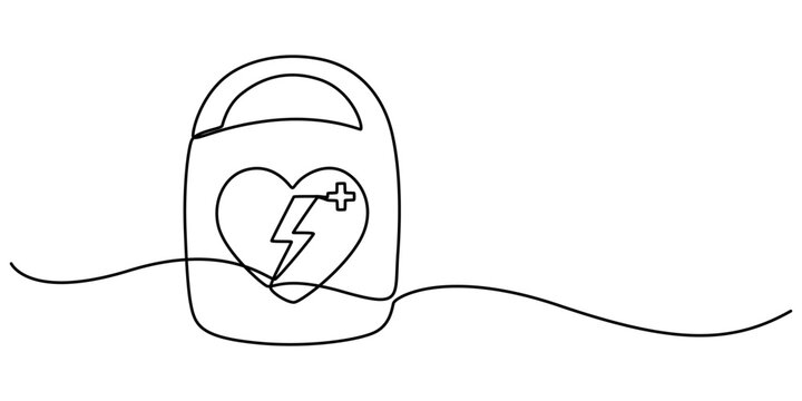 AED emergency continuous one line drawing, Medical And Healthcare Icon, Doodle First Aid, AED,automated external defibrillator / aed sign with heart and electricity symbol flat vector icon. outline.