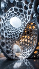 Poster - Mesmerizing abstract architecture with intricate geometric pattern and metallic texture creating a futuristic and artistic design under a cloudy sky