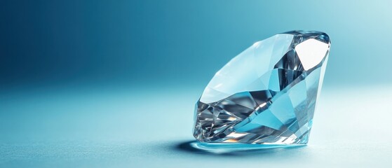 Poster - Captivating close up of a sparkling diamond gemstone on a gradient blue background showcasing its brilliance and clarity with a modern aesthetic
