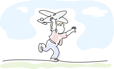 Wall Mural - happy boy playing toy airplane. continuous one line drawing.
