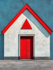 Poster - Minimalist facade featuring red door and roof against blue wall capturing geometric harmony and architectural simplicity in a vibrant color palette