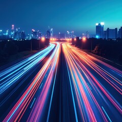 Poster - Dynamic highway at night with vibrant light trails and city skyline reflecting modern urban transportation and futuristic travel concept