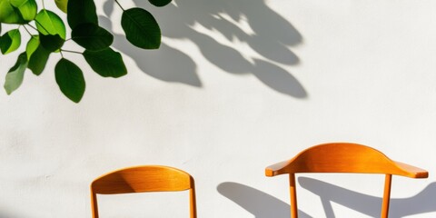Aufkleber - Minimalist Serenity Wooden Chairs and Botanical Shadows - Contemporary Design Inspiration for Mindful Workspace and Creative Interior Styling