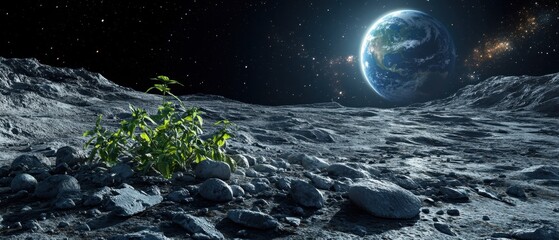 Wall Mural - Hopeful Lunar Landscape Featuring Earth and Emerging Green Plant Life on Rocky Terrain with Starry Sky