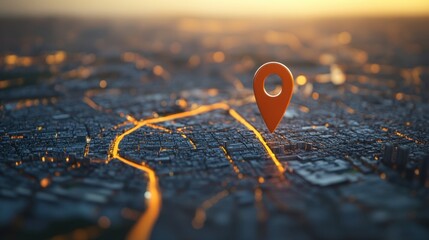 Poster - Aerial View of Cityscape with Orange Location Pin Pointing the Way to Destination at Sunset Time