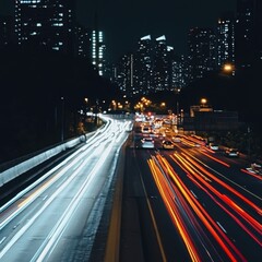 Poster - Dynamic urban nightscape with vibrant light trails illuminating bustling city traffic and towering buildings