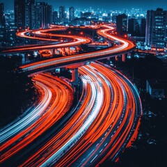 Poster - Captivating Nightscape of Urban Expressway with Flowing Car Light Trails and Cityscape in the Background