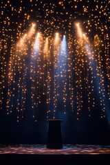 Poster - Dramatic Stage Illumination with a Single Podium and Cascading Fairy Lights Creating a Magical Atmosphere for Performance