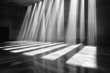 Poster - Ethereal light streams through modern architecture casting shadows on polished stone floor creating a serene mood in monochrome