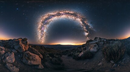 Wall Mural - A panoramic night sky featuring the Milky Way galaxy sparkling with stars against a cosmic expanse