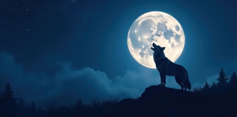  Lone wolf silhouetted against bright full moon, howling , wildlife photography, apex predator, full moon