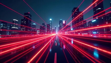 Wall Mural - abstract red speed lines streak across futuristic cityscape , lines, motion, architecture
