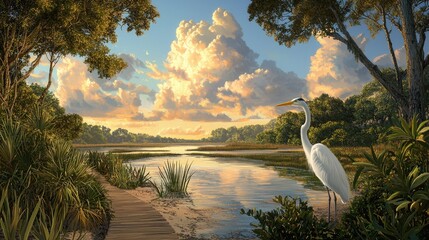 Wall Mural - soft hues of sunset highlight a quiet boardwalk through a pristine marsh, where herons stand still i