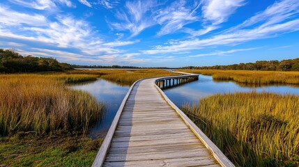 Wall Mural - the wooden path of a boardwalk winds through a peaceful marsh, golden grass swaying as the sun dips 