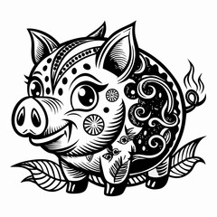  Intricate Pig Mandala Design in Black and White Art Style