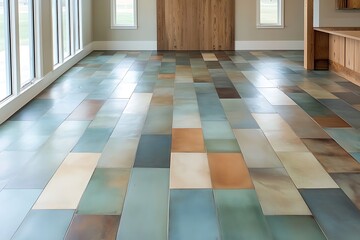 Aufkleber - Harmonious blend of earth and sky tones displayed on an intricately tiled floor surface