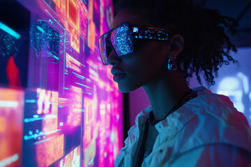Fototapete - woman wearing sunglasses is looking at a computer monitor with a lot of colorful images on it. Concept of technology and modernity, as well as a feeling of being immersed in a digital world