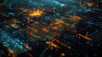 Fototapete - Digital Landscape, futuristic abstract artwork depicting a glowing network of circuits and data streams.