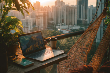 Poster - laptop is open on a table with a cup of coffee next to it. The laptop screen shows a mountain range, and the city below is visible in the background. Concept of relaxation and productivity