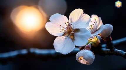 Poster - A close up of a white flower with a sun in the background