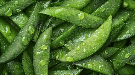 Wall Mural -   Green bean close-up with water drops on top and bottom